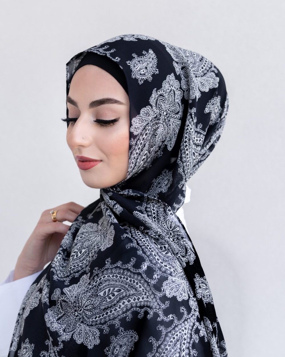 Floral Chiffon Hijab Navy Feather