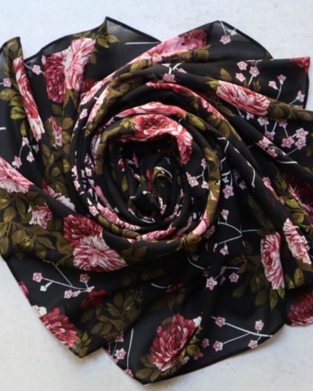 Shop Printed Chiffon Square Hijabs - Black and Pink Floral Online | Modesty Hut